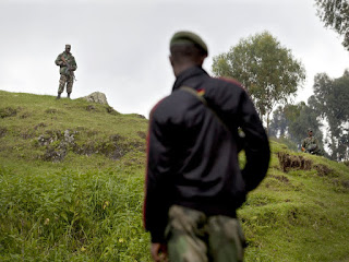 Soldats rwandais et congolais suivent une escarmouche à la frontière des deux pays où au moins un militaires des FARDC a été tué le 5 novembre 2012. © MONUSCO/Sylvain Liechti